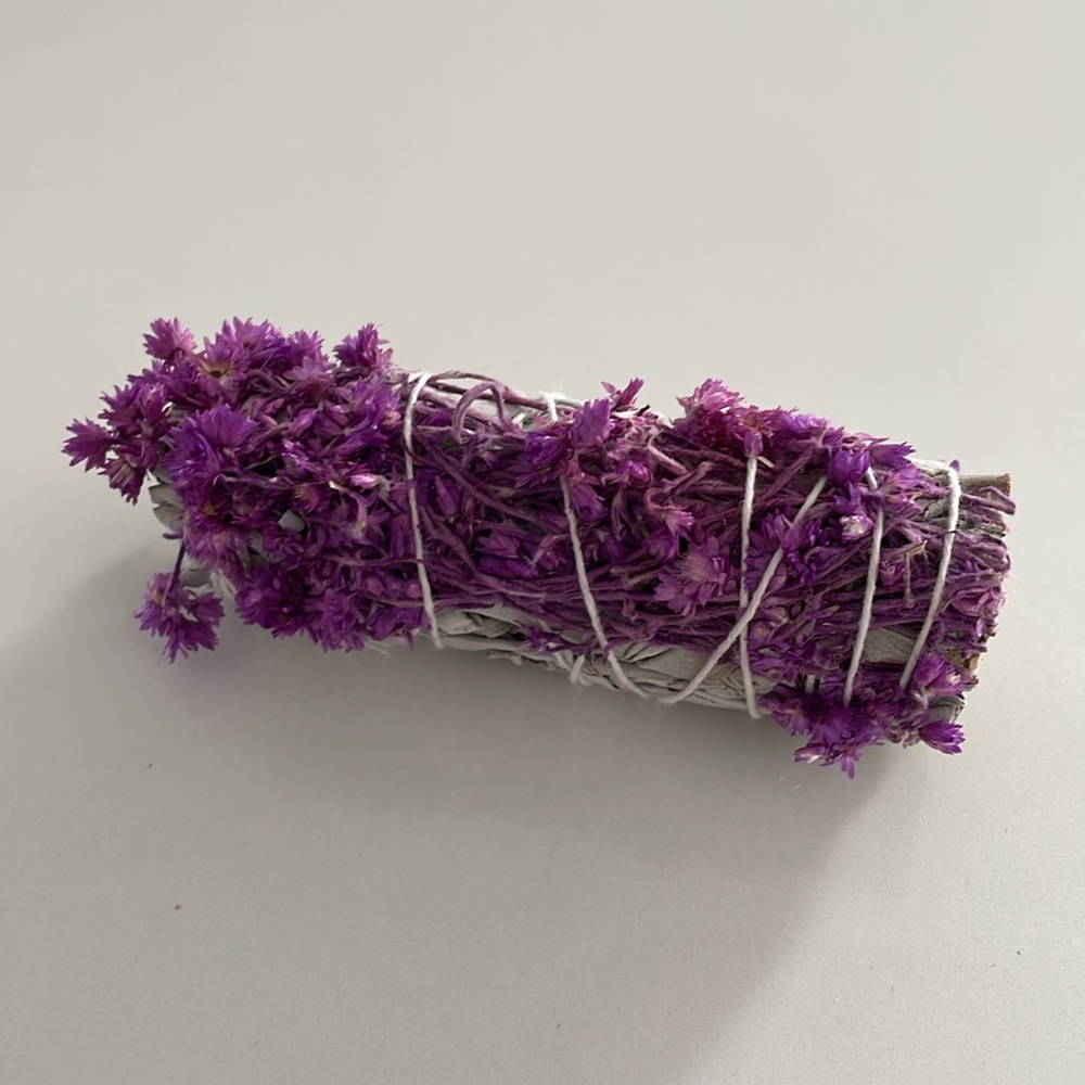 White Sage smudge stick w/ purple dried flowers 4.5”